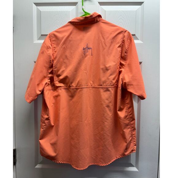 Guy Harvey Mens Size Large Orange Vent Back Button Up Short Sleeve Fishing Shirt - Picture 3 of 7